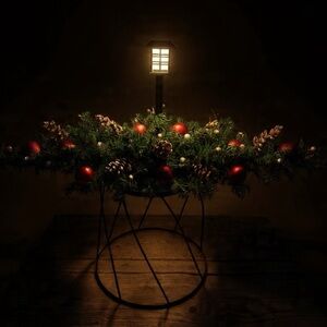 Holiday Lantern with Greenery and Red Ornaments